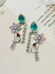 ABDESIGNS Silver-Plated Floral Studded And Beaded German Silver Oxidised Drop Earrings