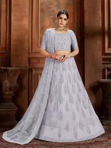 ODETTE Floral Embroidered Thread Work Soft Net Semi-Stitched Lehenga & Blouse With Dupatta