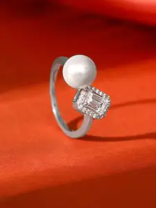 GIVA 925 Sterling Silver Rhodium-Plated Stone Studded & Beaded Ring