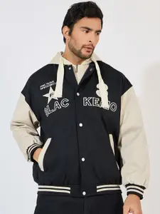 Styli Men Hooded Typography Printed Casual Bomber Jacket