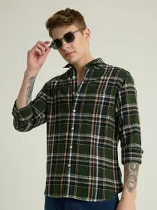 Snitch Men Smart Spread Collar Tartan Checked Linen Casual Shirt