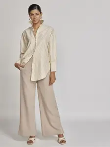 The Label Life Women Spread Collar Vertical Striped Cotton Oversized Casual Shirt