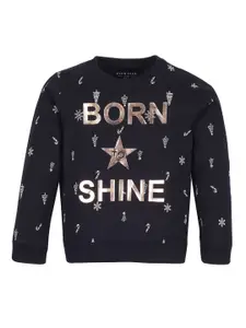 PLUM TREE Girls Conversational Printed Round Neck Cotton Pullover Sweatshirt