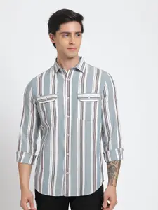 Blue Buddha Men Comfort Spread Collar Vertical Striped Cotton Slim Fit Casual Shirt