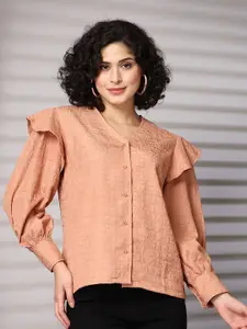 plusS Women Standard Collarless Solid Casual Shirt