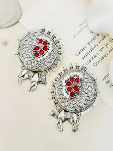 ABDESIGNS Silver-Plated Studded And Beaded German Silver Oxidised Drop Earrings