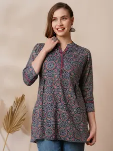 INDYES Women Ethnic Motifs Mirror Work Embellished Mandarin CollarPure Cotton Kurti