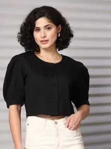 plusS Women Collarless Textured Casual Shirt