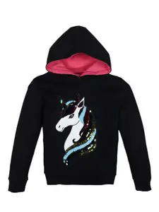 PLUM TREE Girls Graphic Embellished Hood Cotton Pullover Sweatshirt