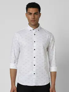 V Dot Men Button-Down Collar Geometric Printed Cotton Slim Fit Casual Shirt