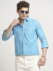 TRYBUY.IN Men Standard Spread Collar Windowpane Checked Cotton Casual Shirt