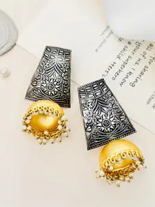 ABDESIGNS Silver-Plated Stone Studded & Beaded Oxidised Classic Drop Earrings