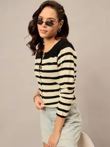 The Roadster Lifestyle Co. Women Striped Henley Neck Cardigan Sweater