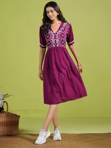 Sangria Ethnic Motifs Embroidered Fit & Flare Knee Length Dresses