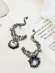 ABDESIGNS Silver-Plated Peacock Shaped Enthralling German Silver Oxidised Drop Earrings
