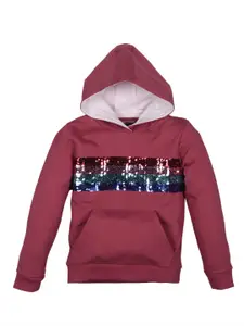 PLUM TREE Girls Striped Embellished Hood Cotton Pullover Sweatshirt