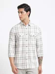 Blue Buddha Men Comfort Spread Collar Tartan Checked Cotton Slim Fit Casual Shirt