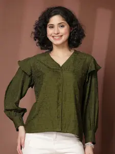 plusS Women Standard Collarless Solid Casual Shirt