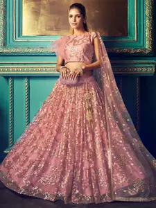 ODETTE Floral Embroidered Sequinned Net Semi-Stitched Lehenga & Blouse With Dupatta