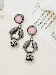 ABDESIGNS Silver-Plated Studded And Beaded German Silver Oxidised Drop Earrings