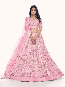 ODETTE Floral Embroidered Net Semi-Stitched Lehenga & Blouse With Dupatta
