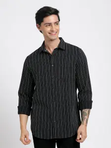 Blue Buddha Men Comfort Spread Collar Vertical Striped Cotton Slim Fit Casual Shirt