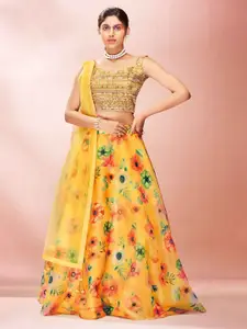 ODETTE Floral Printed Organza Mirror Work Ready to Wear Lehenga & Blouse With Dupatta