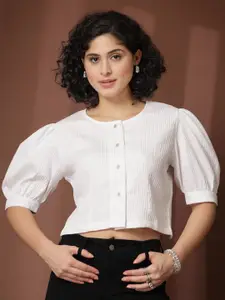 plusS Women Collarless Textured Casual Shirt