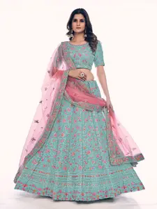 ODETTE Floral Embroidered Sequinned Net Semi-Stitched Lehenga & Blouse With Dupatta