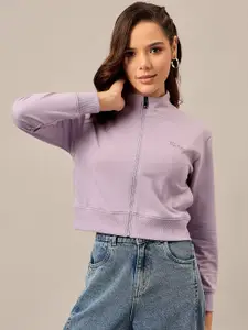 The Roadster Lifestyle Co. Women Solid Mock Collar Cotton Front-Open Sweatshirt