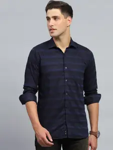 Monte Carlo Men Spread Collar Horizontal Striped Cotton Casual Shirt