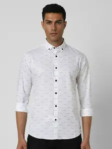V Dot Men Button-Down Collar Geometric Printed Cotton Slim Fit Casual Shirt