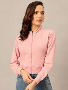 The Roadster Lifestyle Co. Women Solid Mock Collar Cotton Front-Open Sweatshirt