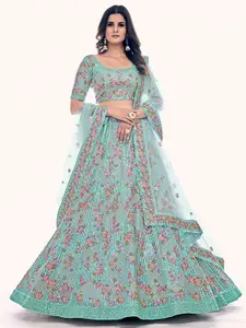 ODETTE Floral Embroidered Net Semi-Stitched Lehenga & Blouse With Dupatta