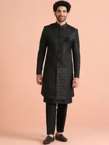 KISAH Men Chevron Regular Fit Self Design Kurta with Indowestern Sherwani Trouser Set