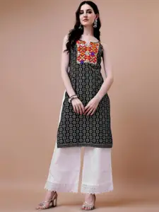 KALINI Floral Printed Shoulder Straps Thread Work Straight Kurta