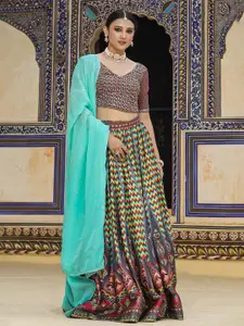 SCAKHI Printed Mirror Work Satin Ready to Wear Lehenga & Blouse With Dupatta