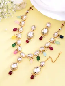 PYR FASHION Gold-Plated AD Stones-Studded & Beaded Necklace and Earrings With Maang Tika