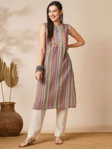 Globus Grey Striped Mandarin Collar Thread Work Straight Kurta