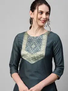 Anouk Green Yoke Design Round Neck Straight Kurta