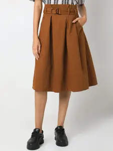 Vero Moda Women Solid Pure Cotton Flared Knee Length Skirt With A Belt