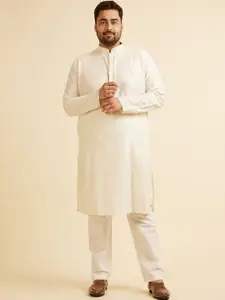 Manyavar Plus Size Floral Embroidered Mandarin Collar Straight Kurta with Pyjamas
