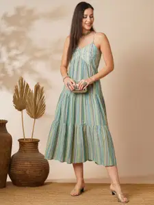 Globus V-Neck Strappy Shoulder Floral Embroidered Yoke Tiered A-Line Midi Fusion Dress