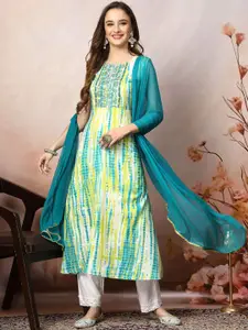 Stylum Lime Green & Blue Abstract Printed A Line Kurta With Dupatta