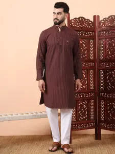 Latest Chikan Garments Striped Woven Design Mandarin Collar Straight Kurta