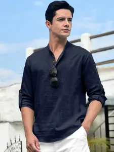 Zombom Mandarin Collar Roll-Up Sleeves Wrinkle Free Straight Short Kurta