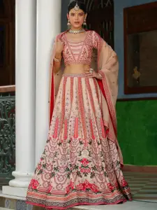 SCAKHI Floral Printed Sequinned Raw Silk Ready to Wear Lehenga & Blouse With Dupatta