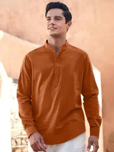 Zombom Mandarin Collar Roll-Up Sleeves Wrinkle Free Straight Short Kurta