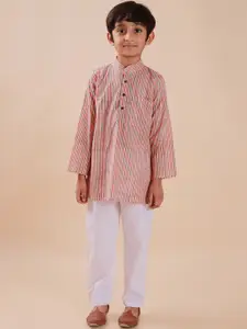 Sangria Pink & Green Striped Mandarin Collar Pure Cotton Straight Kurta & Trousers