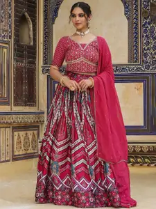 SCAKHI Printed Mirror Work Satin Ready to Wear Lehenga & Blouse With Dupatta
